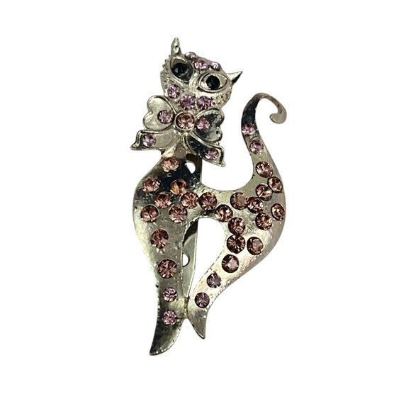 Vintage Cat Rhinestone Brooch Pin With Pink & Purple Crystals - Picture 6 of 6